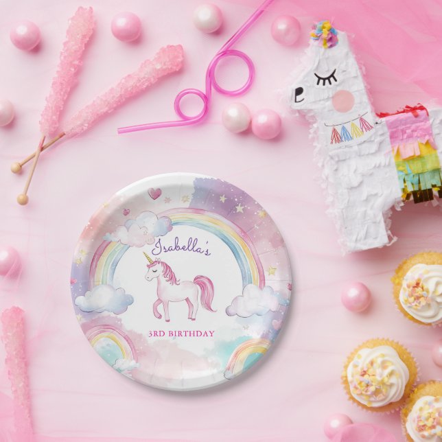 Plato De Papel Arcoiris mágico y suave de unicornio (Fiesta)