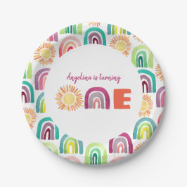 Plato De Papel Arcoiris moderno y Suns Primera acuarela de cumple