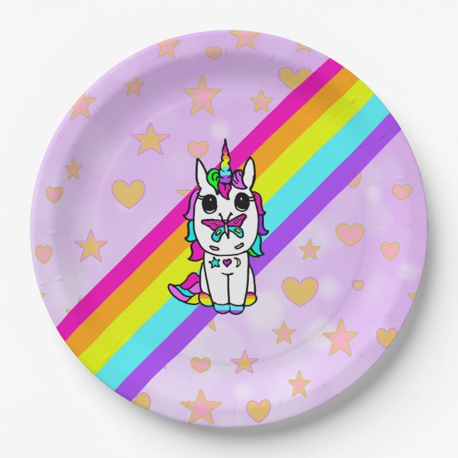 Plato De Papel Arcoiris rosa unicornio con mariposa en la nariz (Anverso)