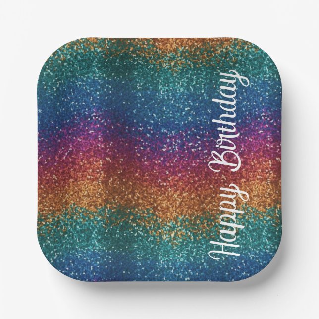 Plato De Papel Arcoiris Sparkle Metallic Elegante Feliz Cumpleaño (Anverso)