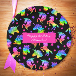 Plato De Papel Arcoiris unicornio purpurina con nombre cumpleaños