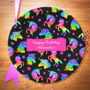 Plato De Papel Arcoiris unicornio purpurina con nombre cumpleaños