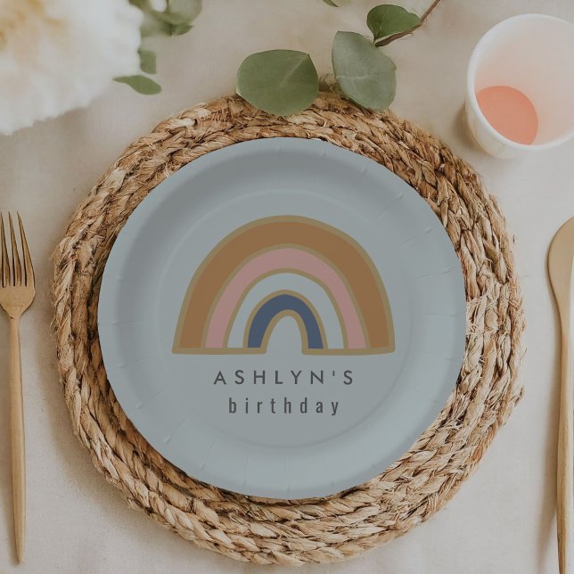 Plato De Papel Arcoiris vintage (Mint blue vintage rainbow kids birthday party personalized paper plates.)