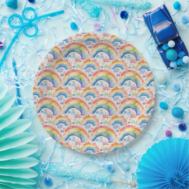 Plato De Papel Arcoiris y nubes acuarelas (Fiesta)