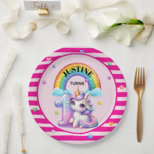 Plato De Papel Arcoiris y unicornio