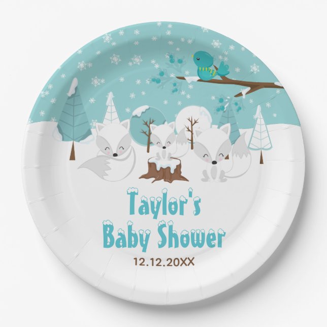 Plato De Papel Arctic Fox Winter Wonderland Baby Shower (Anverso)