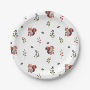 Plato De Papel Ardilla adorable y patrón de arándanos forestales