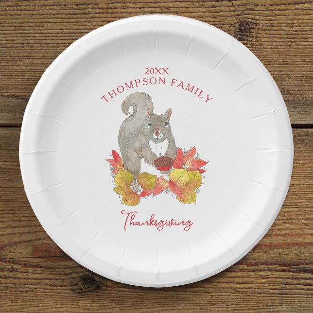 Plato De Papel Ardilla con postre de Acción de Gracias de Pie de  (Squirrel with Pecan Pie Thanksgiving Paper Plate)