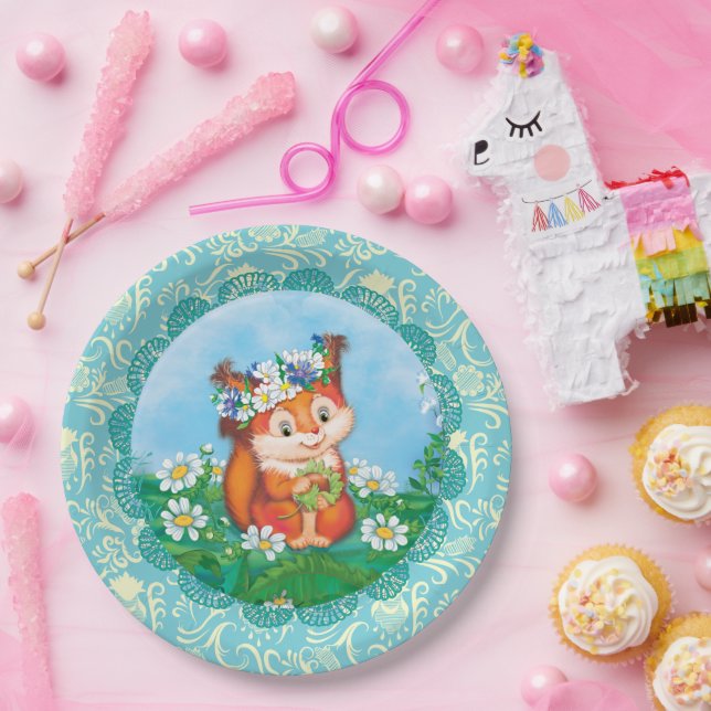 Plato De Papel ardilla linda naranja (Fiesta)