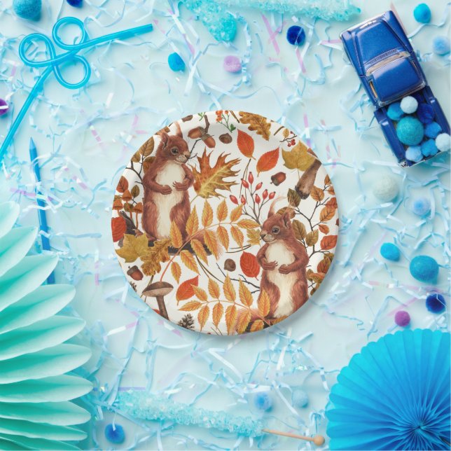 Plato De Papel Ardillas otoñales y flora otoñal en blanco roto (Fiesta)