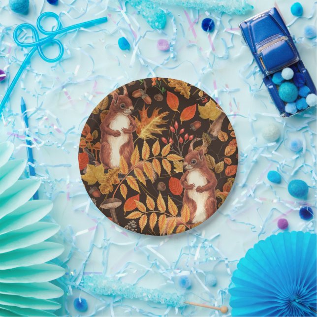 Plato De Papel ardillas y flora otoñales en marrón oscuro (Fiesta)