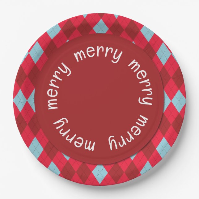 Plato De Papel Argyle Navidades Rojo Azul y Crimson (Anverso)