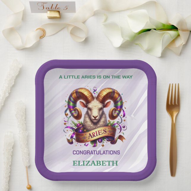 Plato De Papel Aries Zodiac Baby Shower Lavender and Green  (Boda)