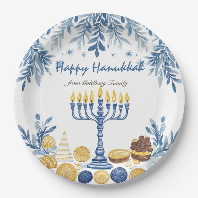 Plato De Papel Armonía de Hanukkah, acuarela (Anverso)