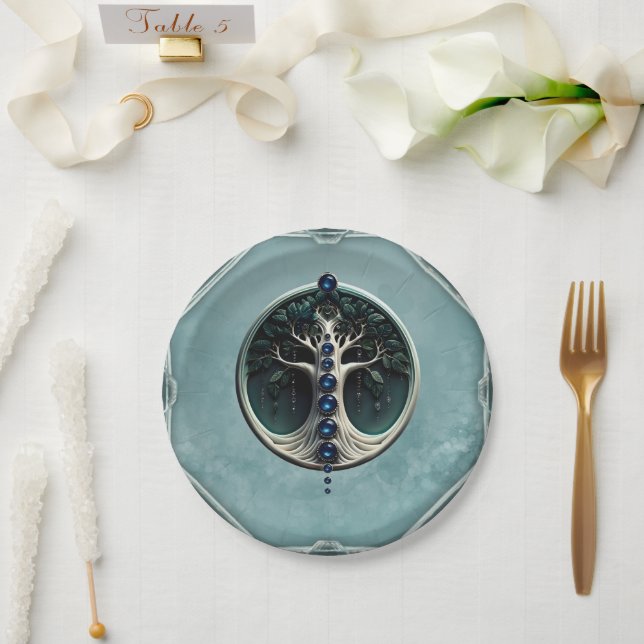 Plato De Papel Armonía en el verde azulado árbol místico de la vi (Boda)