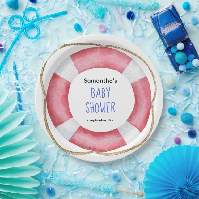 Plato De Papel Aro de salvavidas de acuarela - baby shower (Fiesta)