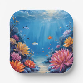 Plato De Papel Arrecife de Coral Bajo el Mar Pintura del Océano