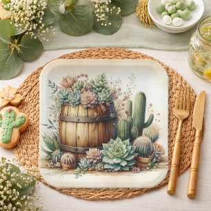Plato De Papel Arreglo Rústico de Suculentas y Cactus