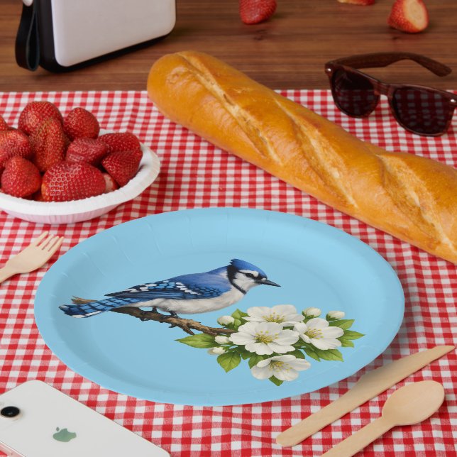 Plato De Papel Arrendajo Azul con Flores Blancas (Picnic)