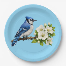 Plato De Papel Arrendajo Azul con Flores Blancas