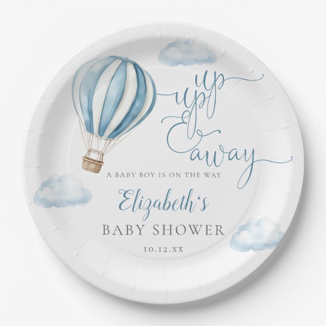 Plato De Papel Arriba Y Afuera Blue Hot Air Balloon Boy Baby Show (Anverso)