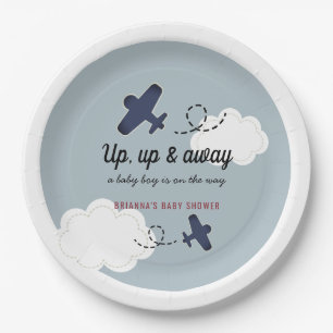 Plato De Papel Arriba y fuera del avión Blue Boy Baby Shower