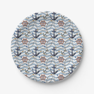 Plato De Papel Arroyo de anclaje náutico raya blanca azul zigzag