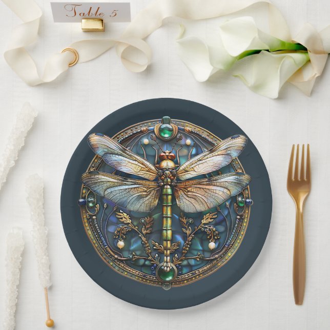 Plato De Papel Art Deco Dragonfly Pearls Emeralds Gold (Boda)