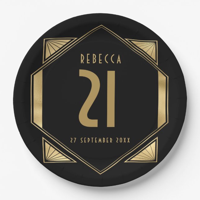 Plato De Papel Art Deco Frame 21st Birthday Name Date (Anverso)