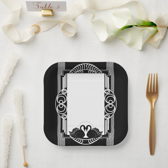 Plato De Papel Art Deco Parisian Black and White Swans (Boda)