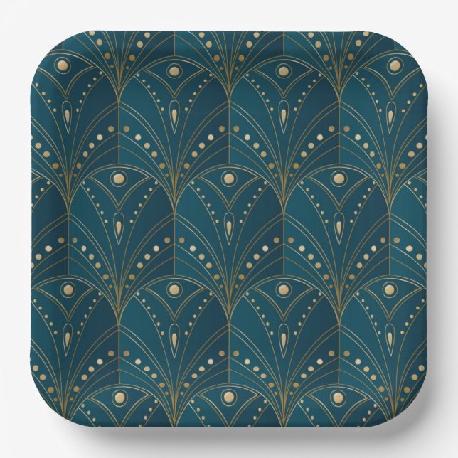 Plato De Papel Art Deco pattern with gold geometric shapes (Anverso)