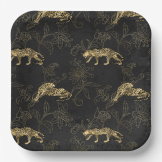 Plato De Papel Art deco Sofisticado leopardo negro y oro