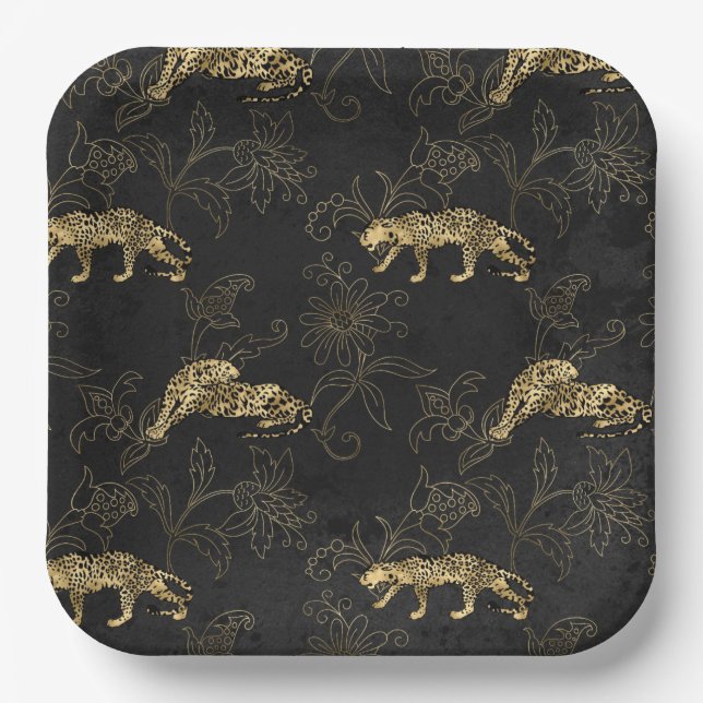 Plato De Papel Art deco Sofisticado leopardo negro y oro  (Anverso)