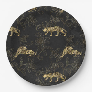 Plato De Papel Art deco Sofisticado leopardo negro y oro