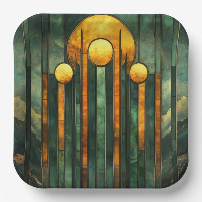 Plato De Papel Art Deco Turquesa Verde Dorado Sol (Anverso)