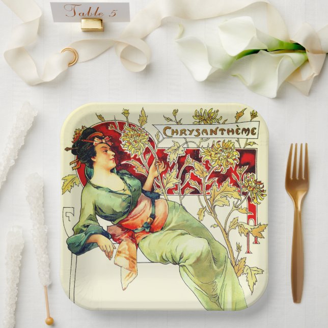 Plato De Papel Art nouveau Alphonse Mucha Crisantemo otoño  (Boda)