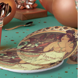 Plato De Papel Art Nouveau Alphonse Mucha elegante mujer cosecha