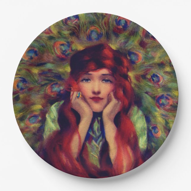 Plato De Papel Art Nouveau deco mujeres pavo real plumas elegante (Anverso)