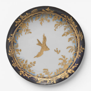 Plato De Papel Arte Antiguo Elegante Pájaro Golondrina Dorado