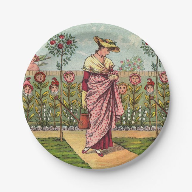 Plato De Papel Arte Antiguo Mujer Flor Creciente Jardín (Anverso)