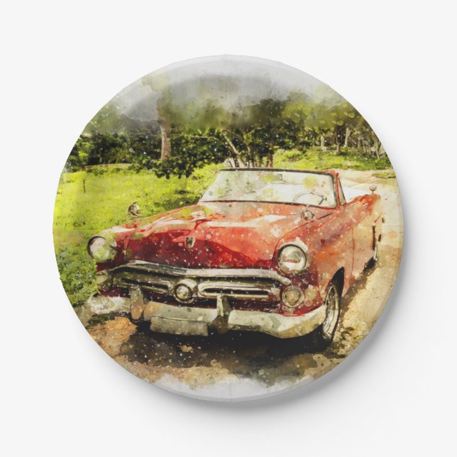 Plato De Papel Arte auto de la acuarela del coche clásico viejo (Anverso)