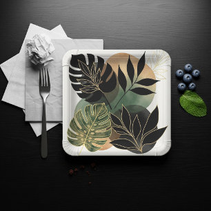 Plato De Papel Arte Botánico Abstracto Moderno Hojas Negras y Dor
