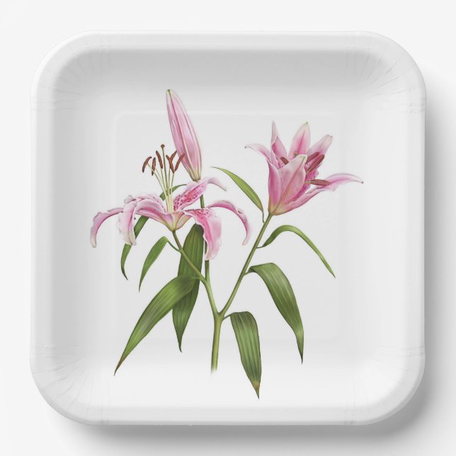 Plato De Papel Arte botánico Rosa Stargazer Oriental Lily (Anverso)