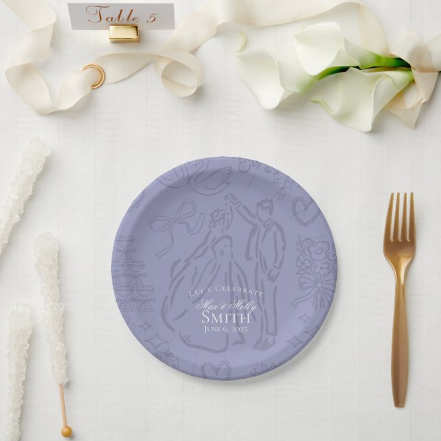 Plato De Papel Arte clásico de bodas dibujado a mano con lavanda (Boda)