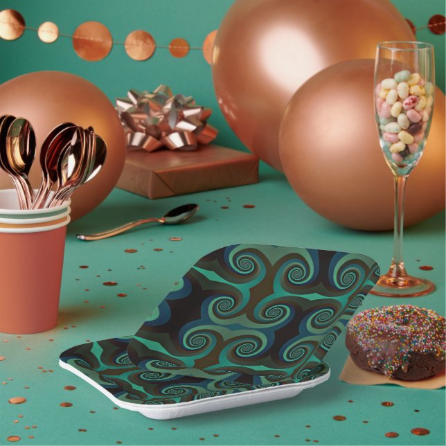 Plato De Papel Arte clásico deco negro y verde festivo (Multi)