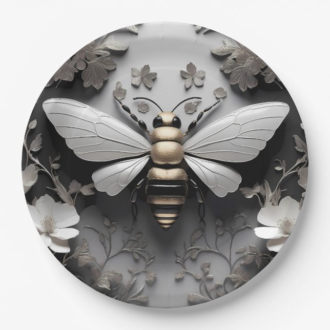 Plato De Papel Arte de abejas doradas geométricas (Anverso)