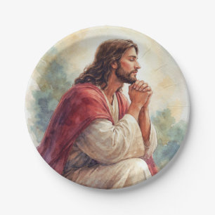 Plato De Papel Arte de Acuarela de Jesús Orando   Fe Cristiana
