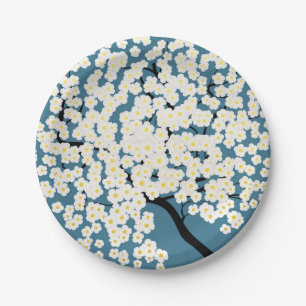 Plato De Papel Arte de árbol florecido con flores blancas bonitas