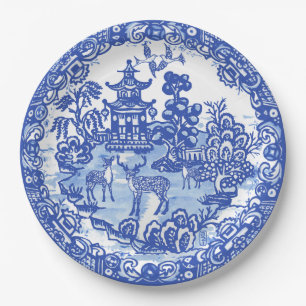 Plato De Papel Arte de Blue Willow Deer Asian Temple Garden