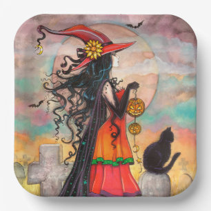 Plato De Papel Arte de Bruja y Gato Negro por Molly Harrison